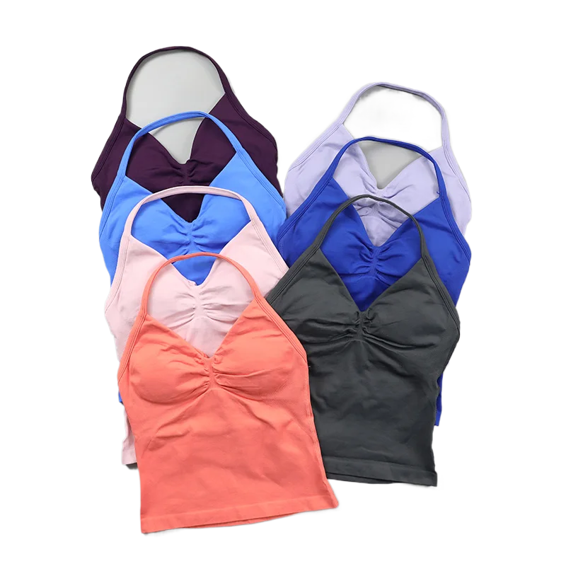 V-Neck Longline Strappy Top Women Seamless Breathable Yoga Tank Ruched Backless Gym Clothes Workout Sleeveless Four-Way Stretch