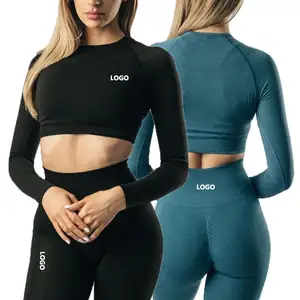 Grosir Logo kustom 3 buah set pakaian aktif Yoga atasan pendek Crop lengan panjang lembut mulus Gym Fitness