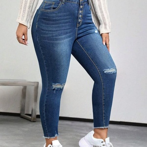 Wholesale Plus Size Women Dark Blue <b>Button</b> Ripped Skinny Pencil Women <b>Jeans</b> Fashion Stretchy Mid Waist Ladies Legging Pants - Product Image 4