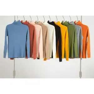 Custom Top Basic Knit Women Button Sleeve Pure Color Turtleneck Pullover Sweater for Women(10 colors)