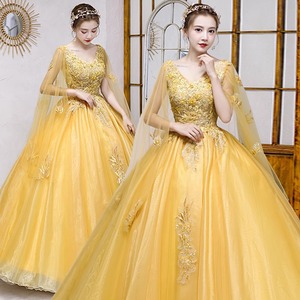 Yellow V-neck Empire Waist Floral Print Evening Gown Women Long Formal Dress For Performance And Events - Product Image 1