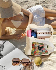 Custom Logo Cat & Floral Animal Print Canvas Tote <b>Bag</b> Double Handles <b>Large</b> Size-Reusable for School <b>Work</b> Beach Travel Shopping - Product Image 4
