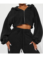 Ensemble 2 pièces pour femme : Cardigan court à capuche zippé à épaules tombantes et manches bouffantes, et pantalon large à cordon de serrage