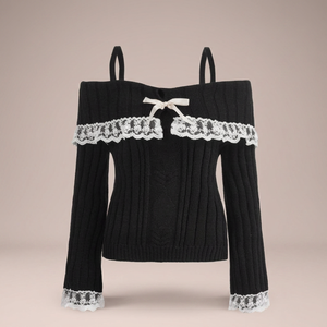 Suéter de Punto con Hombros Descubiertos y Lazo en la Parte Delantera para Mujer, Talla L, Color Negro - Product Image 2