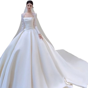 Satin Wedding Dress Square Collar Long Sleeve Ball Gown Princess Waistline Vintage Style <b>Floor</b> Length - Product Image 5
