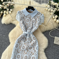 Robe décontractée sirène élégante pour femme WIWT, rose, en dentelle ajourée, col rabattu, manches courtes, avec ceinture, pour tous les jours et les soirées