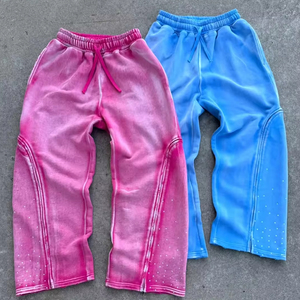 Pantalon vintage délavé personnalisé pantalon de survêtement ample avec cordon de serrage et strass à fermeture éclair détachable - Product Image 3