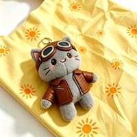 Sac de courses pliable en peluche personnalisé avec logo, imprimé soleil, avec pendentif jouet en peluche chat, vente en gros