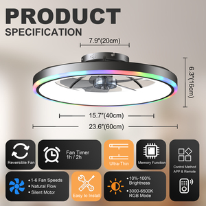 พัดลมเพดานติดเพดานแบบฝังขนาด 23.6 นิ้ว พร้อมไฟ LED RGB 3CCT ปรับความเร็วได้ 6 ระดับ สำหรับห้องนอน ห้องนั่งเล่น สีดำ - Product Image 6