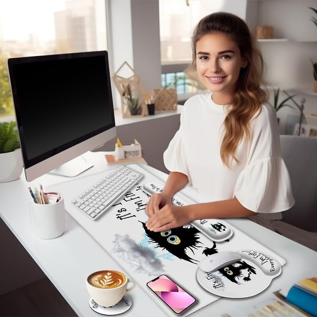 Large Ergonomic Gaming Office Desk Mat Set with Wrist Support Funny Black Cat Design Custom Mausepad