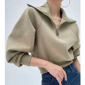 L230730 Custom Logo OEM Womens Causal Fashion Turn-Down Collar <strong>Hoodies</strong> Oversized Fleece Half Zip Pullover Sweatshirt for Women - Product Image 1