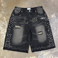 Shorts en jean nylon et coton à taille mi-haute, coupe droite, style streetwear décontracté, hip-hop rétro, avec broderie personnalisée de haute qualité et strass