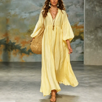 Robe longue de vacances Lazy Trend Siemia pour femme en coton et lin, col en V profond, manches à volants, coupe ample et ourlet large