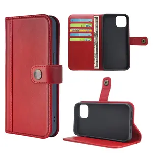 豪华商务手机套红色真牛皮革手机包多卡槽适用于iphone 13新款皮套