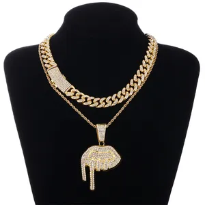 DE Cuban collana Set Hiphop Trendy Fancy Fashion Iced Drill lega gioielli che gocciolano la bocca del labbro attraverso il ciondolo con lucchetto a cuore spezzato