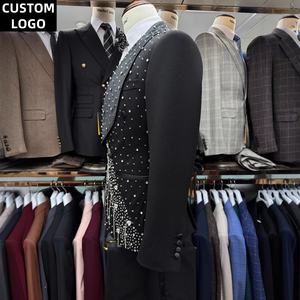 Setelan Pria LOGO kustom <span class=keywords><strong>2</strong></span> potong Blazer pria pas badan jahit tangan hitam pakaian Prom mewah untuk pernikahan pria - Product Image 4