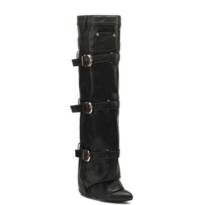 Bottes hautes pour femmes avec boucles de ceinture superposées, styles personnalisés, talons épais, en daim souple plissé - Product Image 4