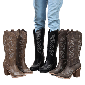 Bottes de cowboy montantes pour femme, en cuir microfibre, à talon épais, à enfiler, pointues, mode hiver, vente en gros directe usine - Product Image 2