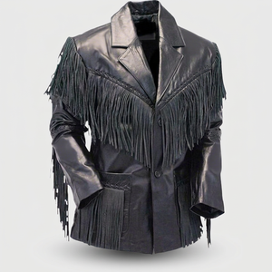Men's Black Genuine Leather <b>Jacket</b> With Fringe And Hand Embroidery Vintage <b>Western</b> Style Turn-down Collar Regular Fit - Product Image 1