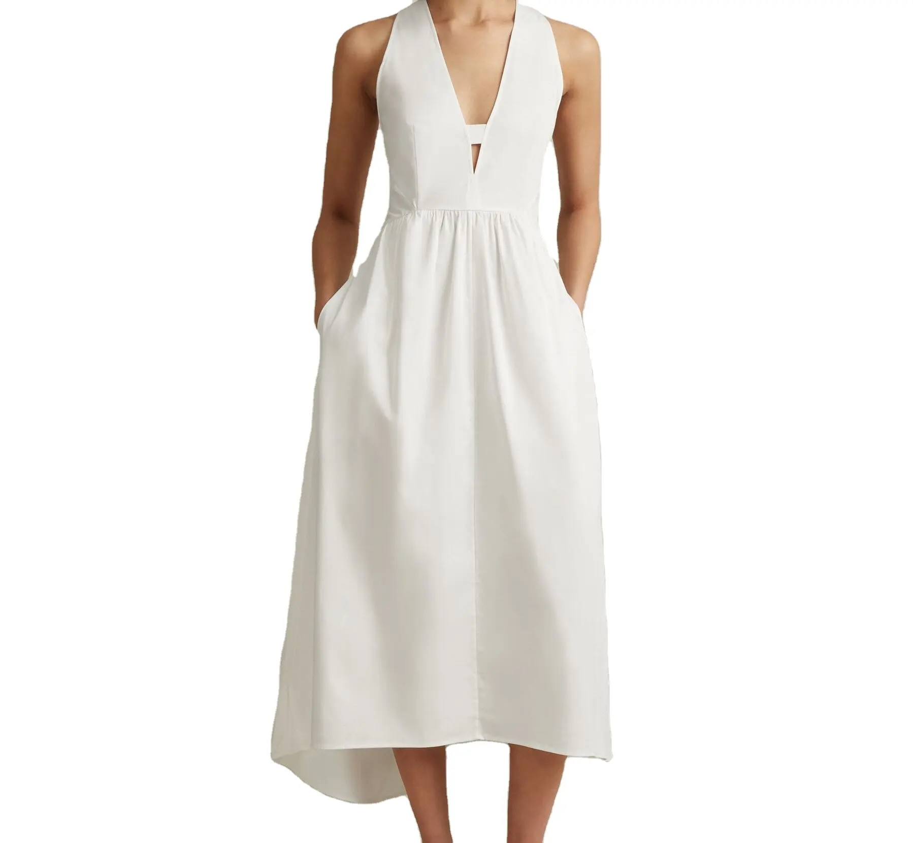 Sıcak satış yüksek kalite kolsuz beyaz elbise uzun keten moda kadınlar için rahat elbise