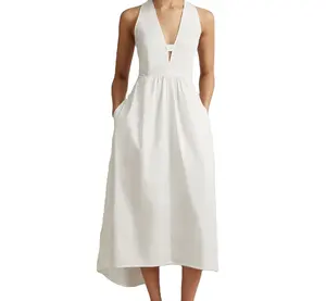 Hot sale high quality sleeveless white dress long linen fashion casual dress for women