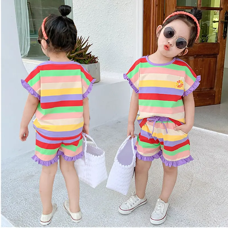 Meisje Kleding Sets Voor Kinderen Zomer Kleding Regenboog Strepen T-shirt + Shorts 2 Stuks Pak Katoenen Baby Casual Casual Outfits 2021