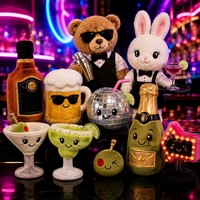 Figur Boneka Plush Unik Set Bartender Urban, Beruang Pengawal Kelinci Pelayan Mug Bir Whiskey Margarita Bola Disko Plushie