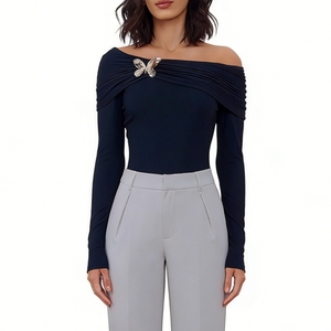 Women's Off Shoulder Ruched <strong>Bodysuit</strong> - Gold Butterfly Brooch Detail Long Sleeve Fitted Top T-Shirt Sehe Fashion - Product Image 3