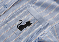 Ensemble de pyjama rayé en coton pour homme, imprimé chat, poche poitrine, bleu clair, manches longues, boutonné sur le devant, vêtements de nuit, fournisseur en gros