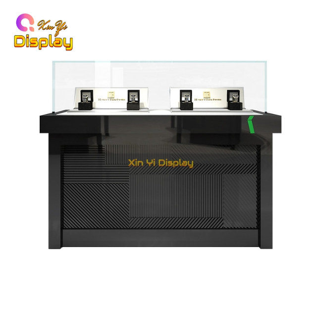 LED Light Metal Jewelry Showcase Watch Display Cabinet with Glass Back and Wooden Counters for Shopping Mall