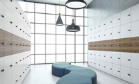 Armoire de classement modulaire en bois clair avec portes en verre trempé et étagères ouvertes pour espace de travail commercial
