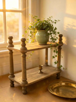 Support à plantes à 2 niveaux en bois naturel, pieds tournés, style rustique, démontable, fait main, multifonctionnel, pour la maison