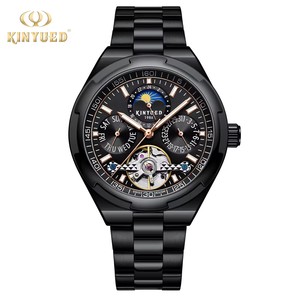 Reloj mecánico automático KINYUED para hombre, resistente al agua, 3BAR, correa de acero inoxidable, calendario semanal con fase lunar, moda de lujo luminosa - Product Image 1