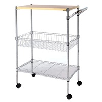 Carrito de Cocina Rodante de 3 Niveles, Metálico Cromado, con Tablero de MDF