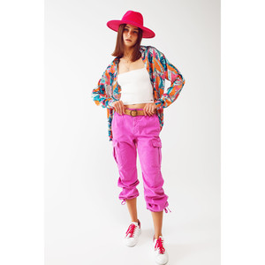 Pantalon cargo avec extrémités à franges en fuchsia - Product Image 6