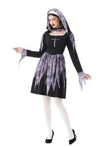 Disfraz de Monja Sexy para Adultos, Diseño con Cruz, Impresión en Poliéster, Color Morado y Negro, para Halloween, Carnaval y Actuaciones - Product Image 5
