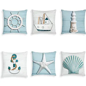 A400 Ocean <span class=keywords><strong>Beach</strong></span> Fundas De Almohada Funda de cojín Náutico Summer Factory Starfish Lighthouse Velero Throw Sea Themed Funda de cojín - Product Image 1