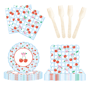 Juego de Vajilla Desechable DAMAI con Diseño de Cereza para Fiestas Infantiles, Platos, Vasos y Servilletas de Papel en Color Azul Claro - Product Image 3
