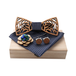 4 Cái/bộ Tùy Chỉnh Thủ Công Mens Hollow Gỗ Bow Tie Đặt Túi Vuông Của Nam Giới Khuy Măng Sét Trâm Với Hộp Quà Tặng - Product Image 3
