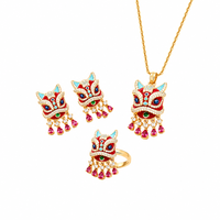 JinSpark Nouvelle Parure de Bijoux Zircon Style Chinois Danse du Lion Porte-Bonheur Plaqué Or 18K Boucles d'Oreilles Collier Bague Cadeau Festif pour Femme