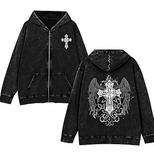 Sweat à capuche noir délavé pour hommes, fermeture éclair, imprimé croix gothique, ailes d'ange, streetwear Harajuku Y2K - Product Image 1