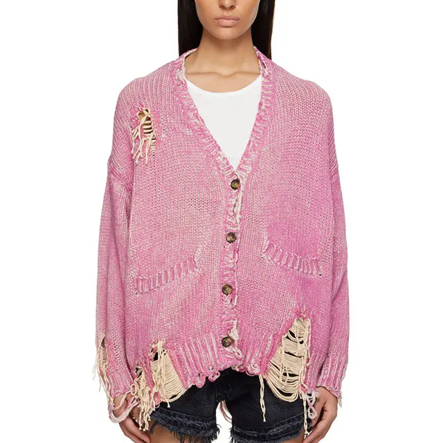 Knitwear manufacturers All categories of sweaters custom pink doctored cardigan really hollow knitted ladies cardigan sweater