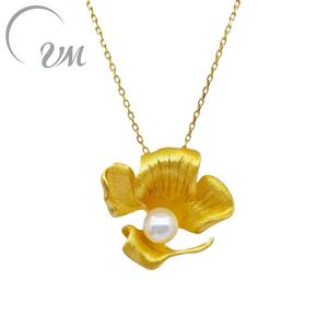 UM Jewelry 925 Silver <b>Gold</b> Plated Flower Shape Minimalist Pendant <b>Necklace</b> Natural Freshwater <b>Pearl</b> Unisex Engagement Wedding - Product Image 1