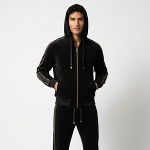 Men's <b>Black</b> <b>Velvet</b> Tracksuit Two Piece Jogger Set Zip Up Hoodie Elastic Waist Pants Casual Streetwear - Product Image 3