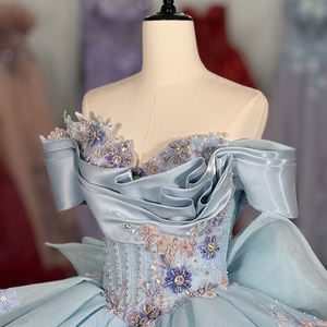 Vestido de Quinceañera Jancember 6936 Azul, Estilo Baile de Gala, Hombros Descubiertos, Bordado Floral Multicolor, Peplum - Product Image 5