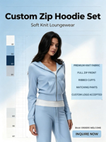 Ensemble de survêtement décontracté 2 pièces pour femme : sweat à capuche court zippé en maille douce et pantalon évasé, personnalisable avec logo, idéal pour l'entraînement
