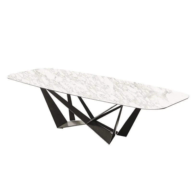 Classic design high end white grains marble top dining table with black metal base