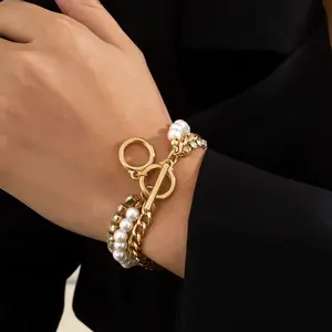Fashion Pearl Chain mehr schicht iges Armband Hip Hop geometrischen Ring mit Diamant Hands chmuck Frauen Armband besetzt