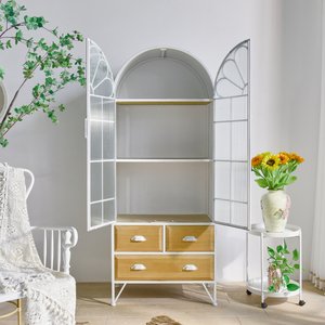Mueble de Estilo Nórdico para Sala de Estar, Decoración Rústica, Color Blanco, Hierro, Metal, Madera, Arqueado, Retro, Vitrina de Almacenamiento con Puertas de Vidrio - Product Image 3