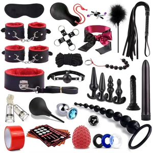 Kit BDSM de bondage sexuel, dispositifs de retenue, vibromasseur, godemiché, menottes, collier, attaches de cheville, dés, perles, plug anal, en matériau PU, jouets pour adultes - Product Image 1